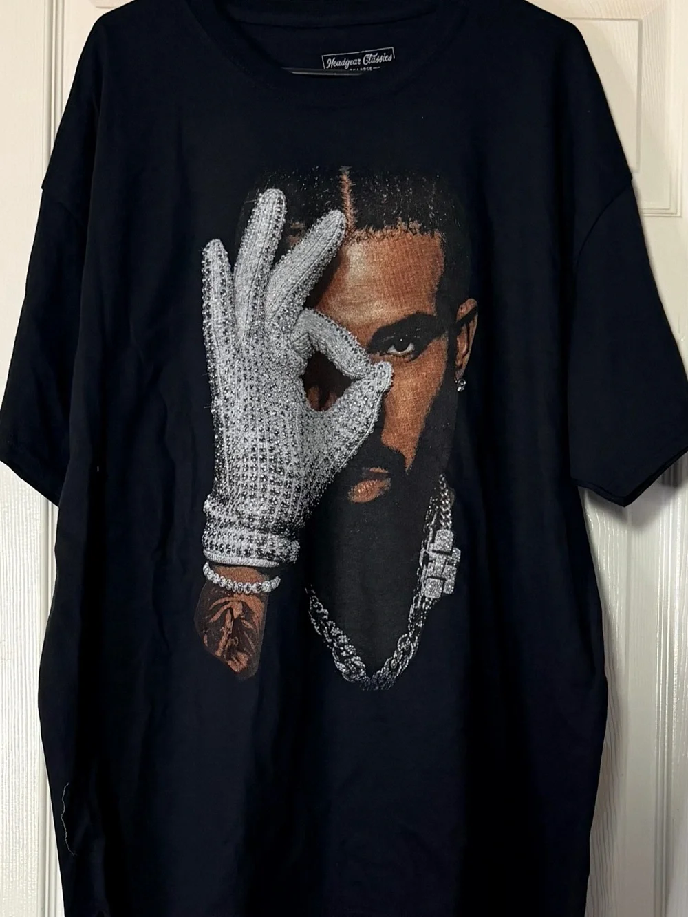 Black Graphic Tee with Silver Glove Print Drake